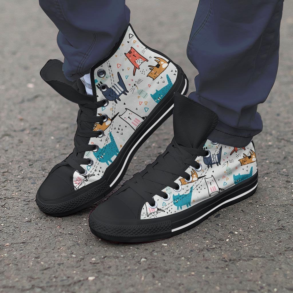 Cute Cartoon Doodle Cat Print Men's High Top Shoes-grizzshop