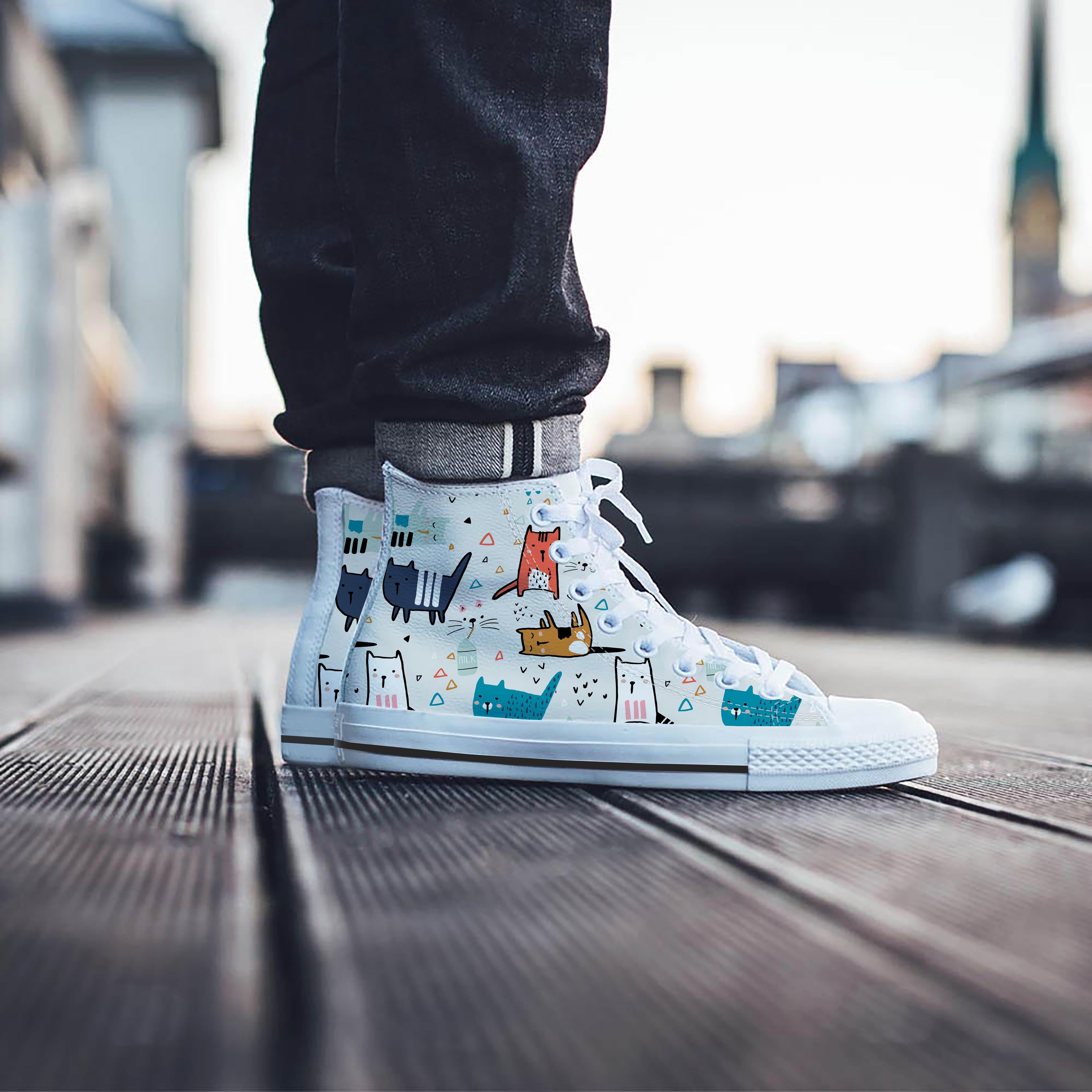 Cute Cartoon Doodle Cat Print Men's High Top Shoes-grizzshop