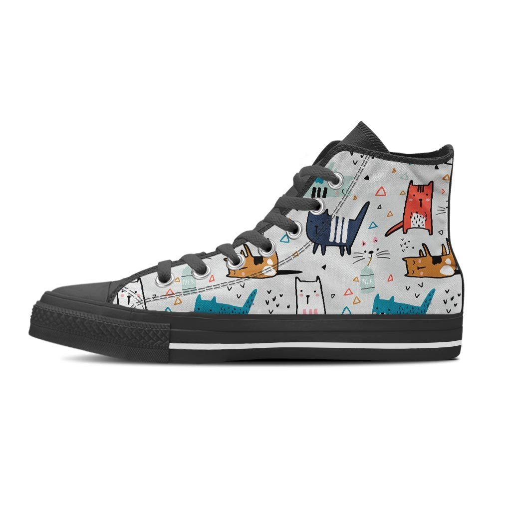 Cute Cartoon Doodle Cat Print Men's High Top Shoes-grizzshop