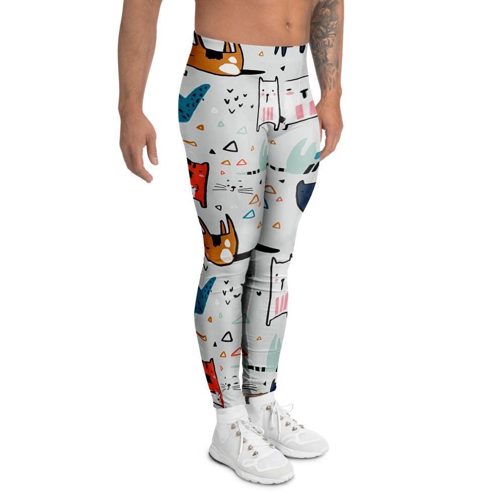 Cute Cartoon Doodle Cat Print Men's Leggings-grizzshop