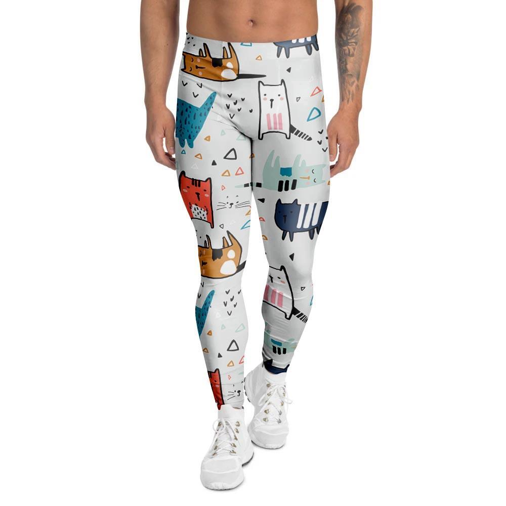 Cute Cartoon Doodle Cat Print Men's Leggings-grizzshop