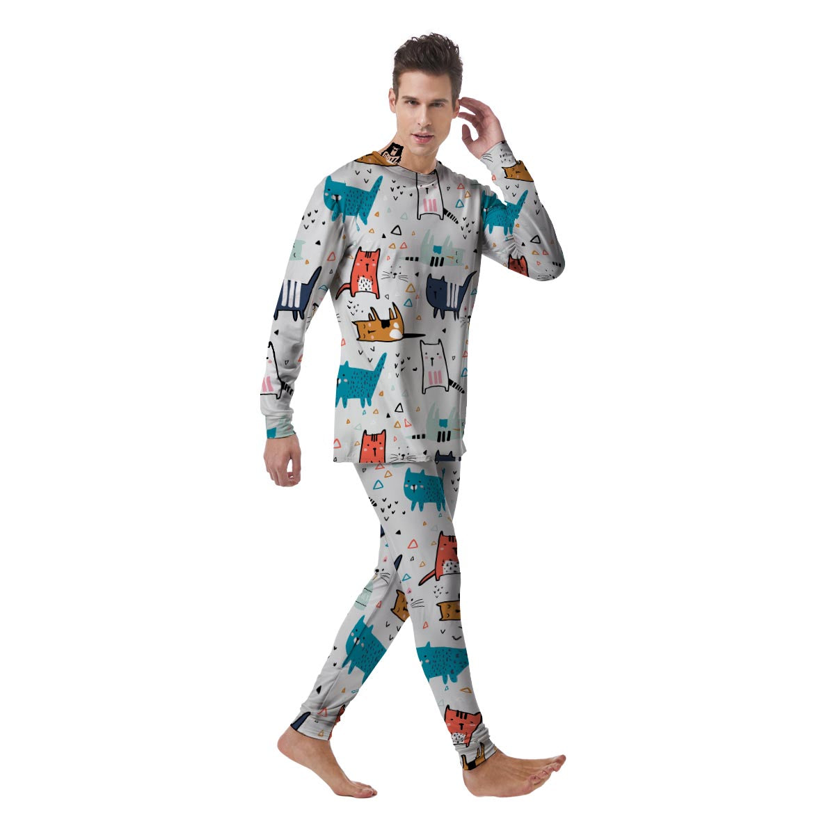 Cute Cartoon Doodle Cat Print Men's Pajamas-grizzshop