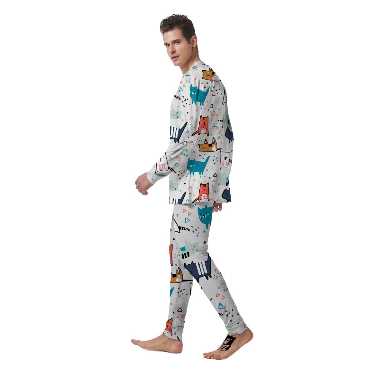 Cute Cartoon Doodle Cat Print Men's Pajamas-grizzshop