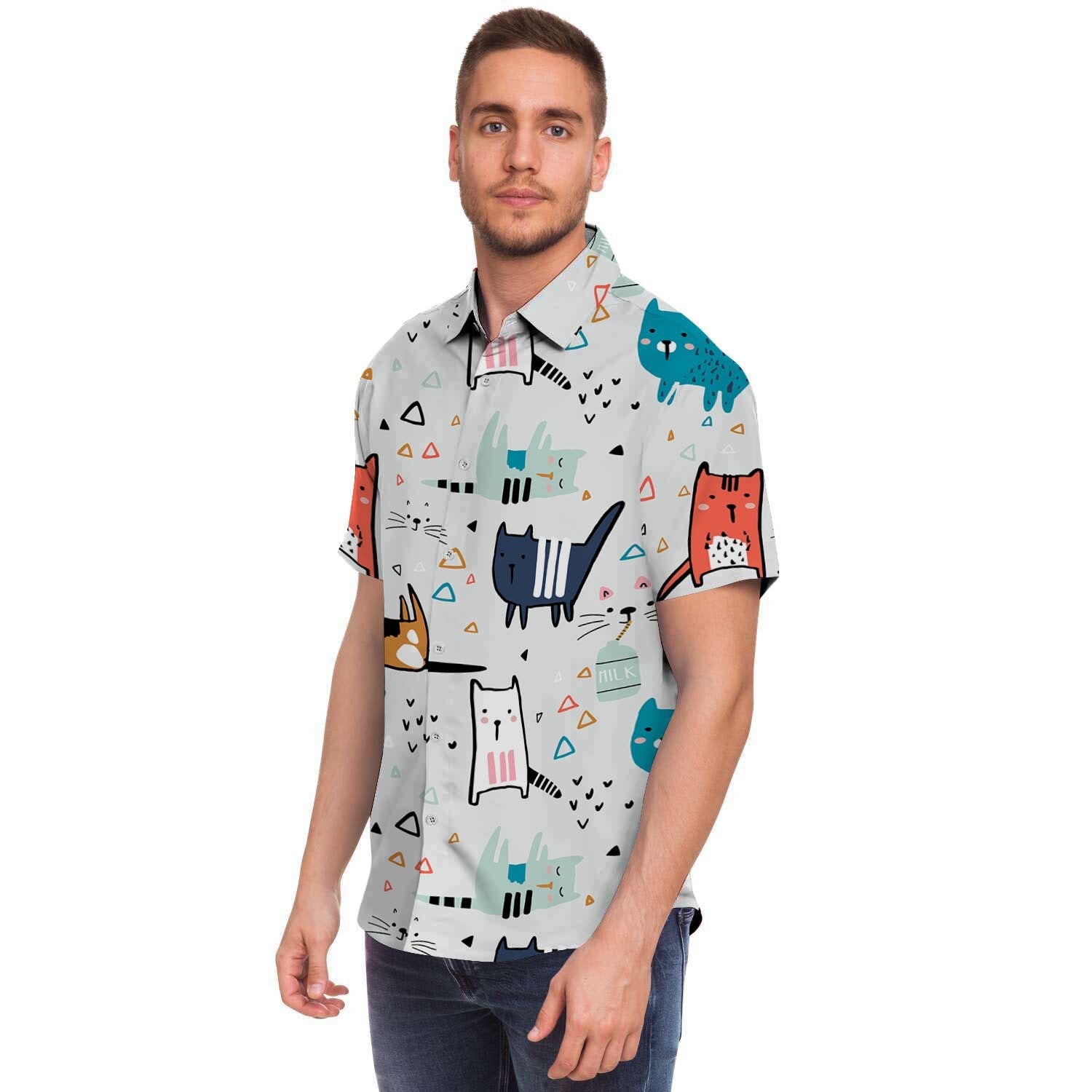 Cute Cartoon Doodle Cat Print Men's Short Sleeve Shirt-grizzshop