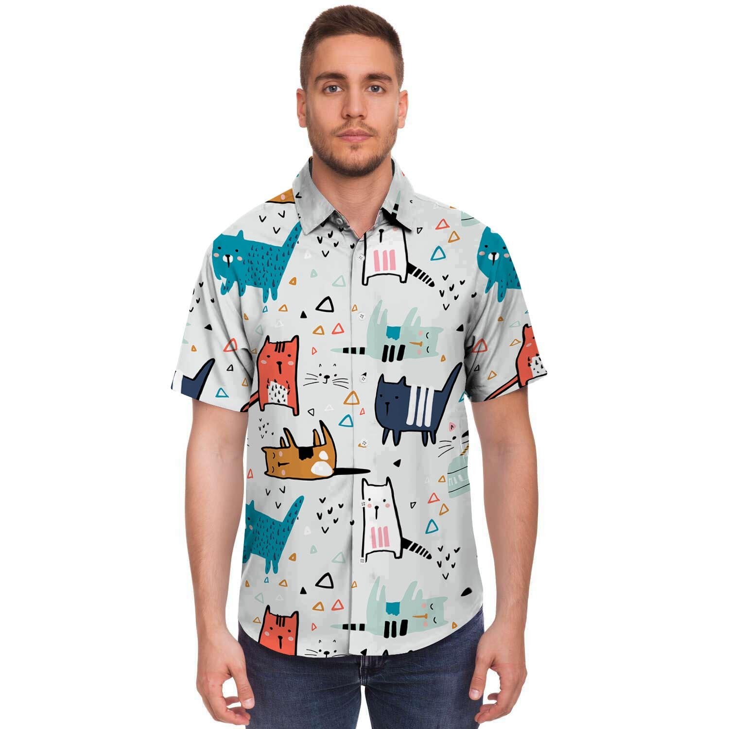 Cute Cartoon Doodle Cat Print Men's Short Sleeve Shirt-grizzshop