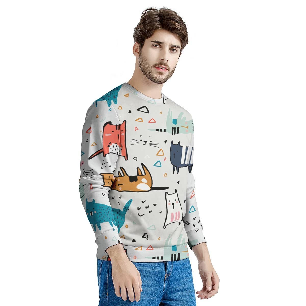 Cute Cartoon Doodle Cat Print Men's Sweatshirt-grizzshop