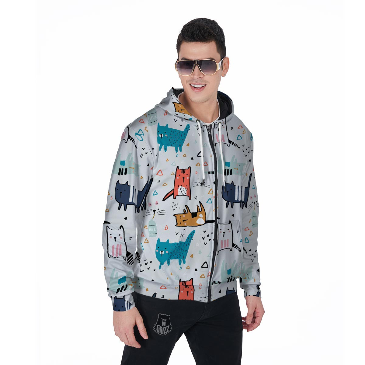 Cute Cartoon Doodle Cat Print Men's Zip Up Hoodie-grizzshop