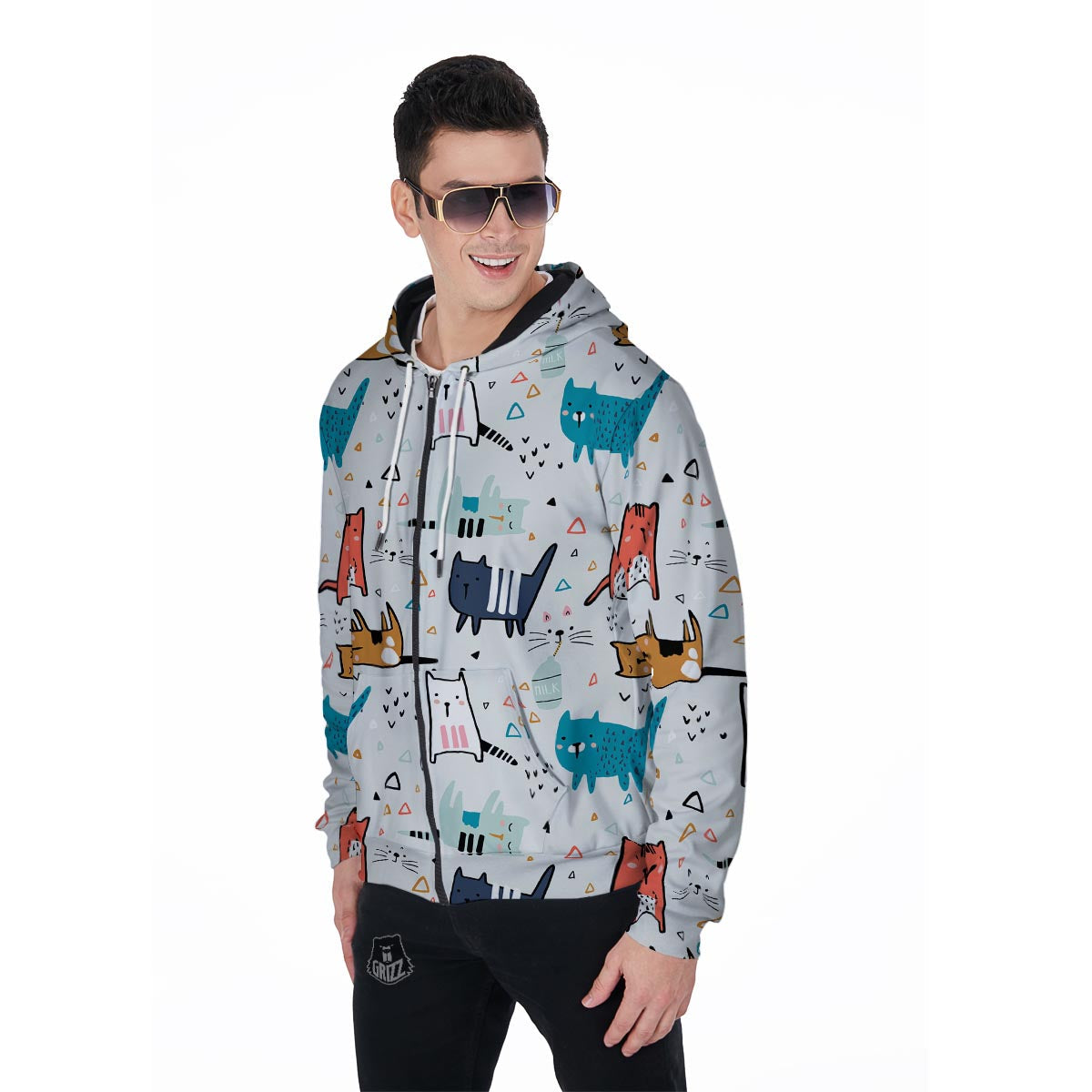 Cute Cartoon Doodle Cat Print Men's Zip Up Hoodie-grizzshop