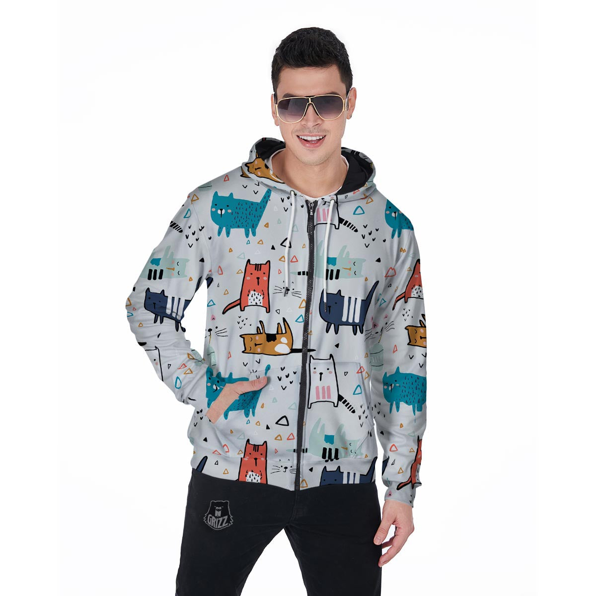 Cute Cartoon Doodle Cat Print Men's Zip Up Hoodie-grizzshop