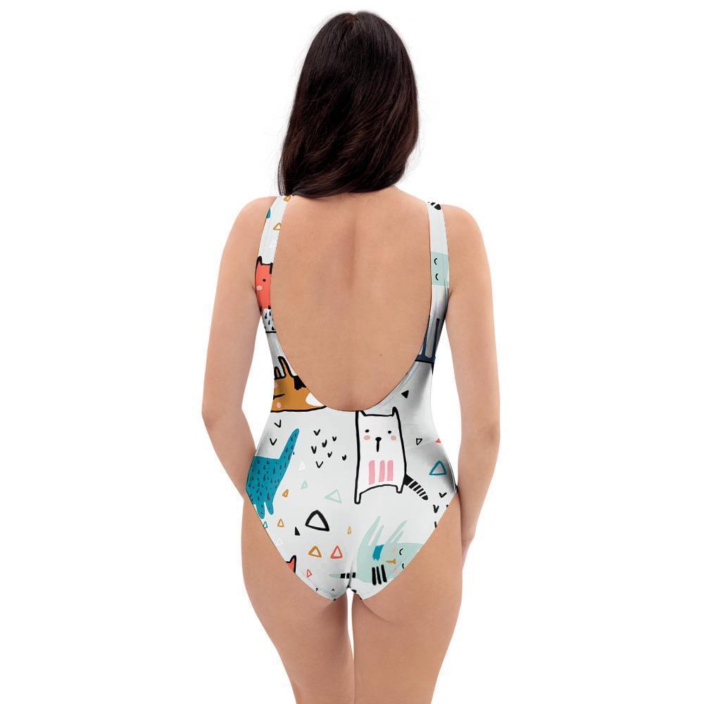 Cute Cartoon Doodle Cat Print One Piece Swimsuite-grizzshop