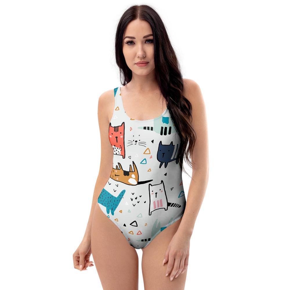 Cute Cartoon Doodle Cat Print One Piece Swimsuite-grizzshop