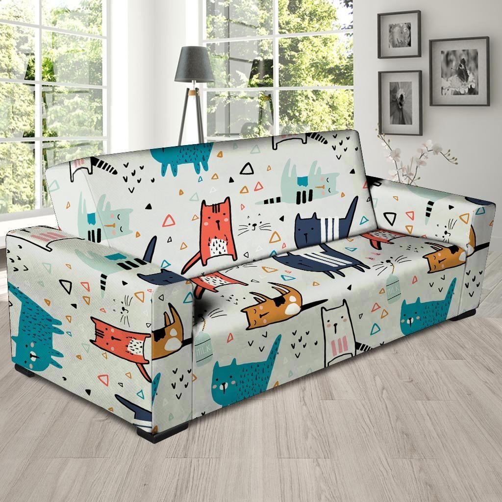 Cute Cartoon Doodle Cat Print Sofa Cover-grizzshop