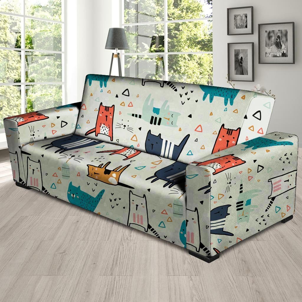 Cute Cartoon Doodle Cat Print Sofa Cover-grizzshop