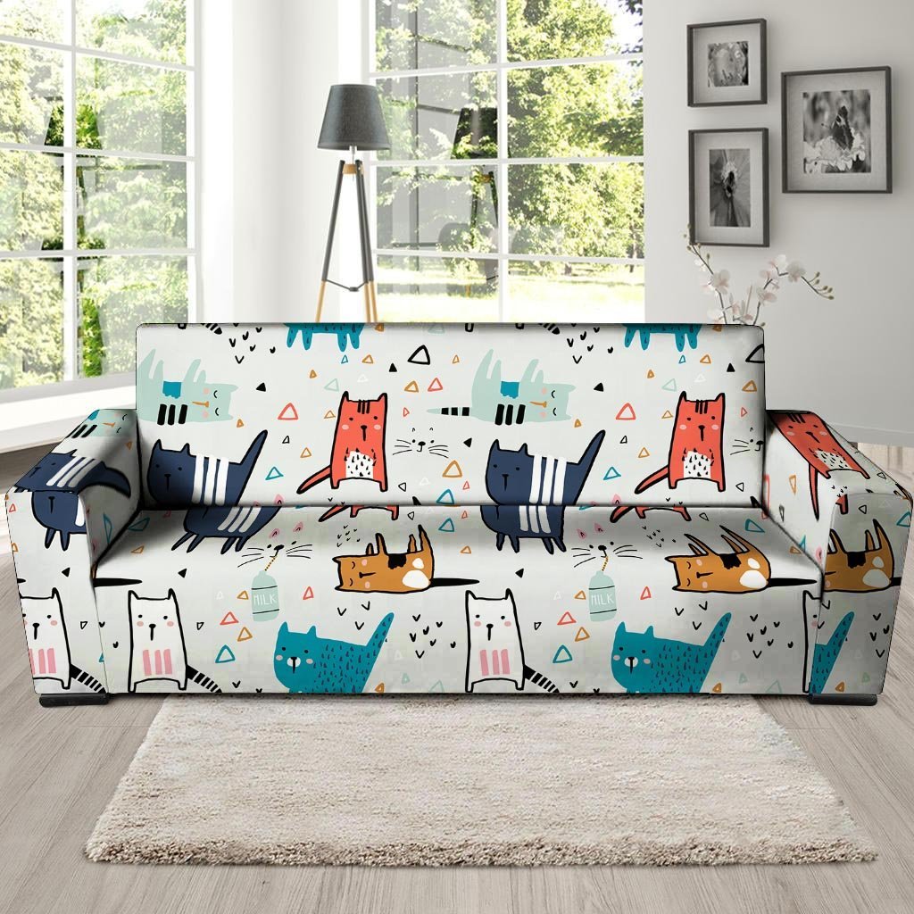 Cute Cartoon Doodle Cat Print Sofa Cover-grizzshop