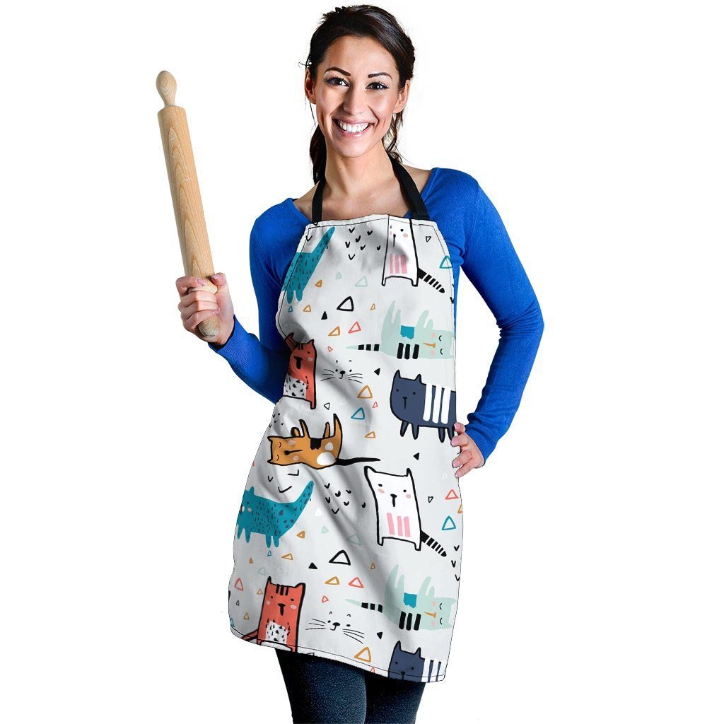 Cute Cartoon Doodle Cat Print Women's Apron-grizzshop