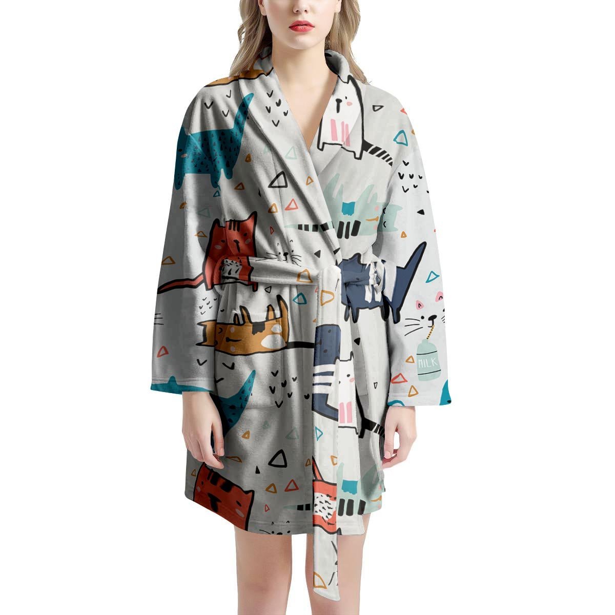 Cute Cartoon Doodle Cat Print Women's Robe-grizzshop