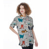 Cute Cartoon Doodle Cat Print Women's Short Sleeve Shirts-grizzshop