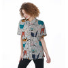 Cute Cartoon Doodle Cat Print Women's Short Sleeve Shirts-grizzshop