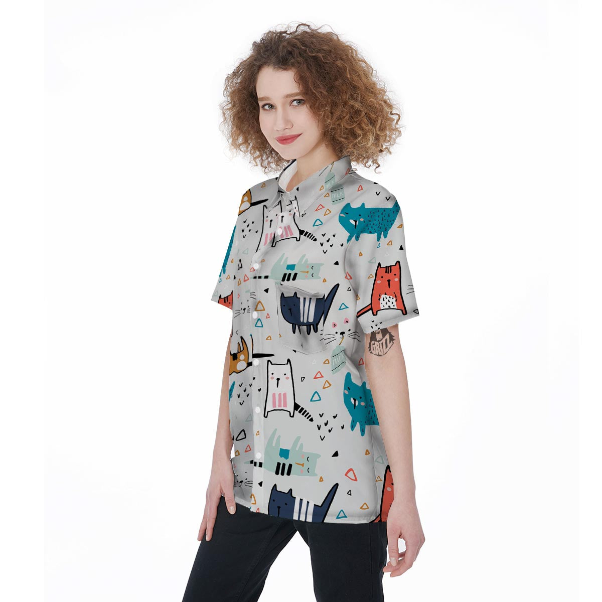 Cute Cartoon Doodle Cat Print Women's Short Sleeve Shirts-grizzshop