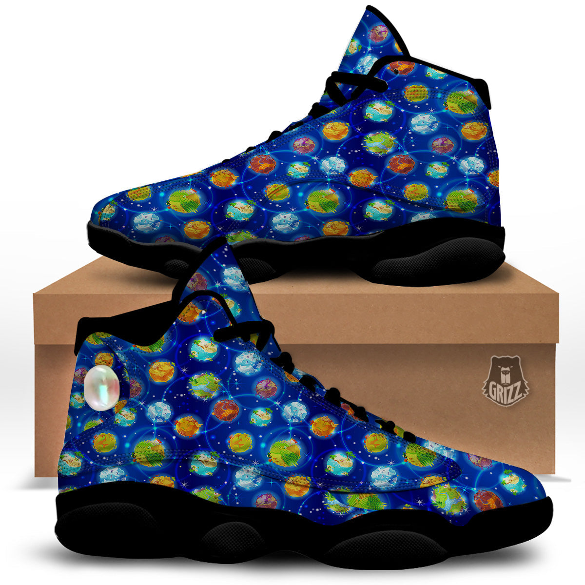 Cute Cartoon Planets Print Pattern Black Basketball Shoes-grizzshop