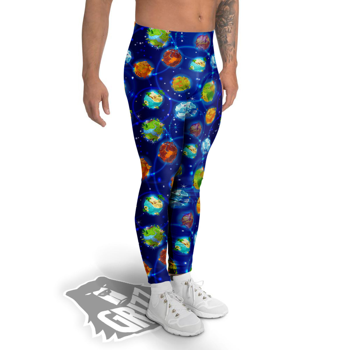 Cute Cartoon Planets Print Pattern Men's Leggings-grizzshop