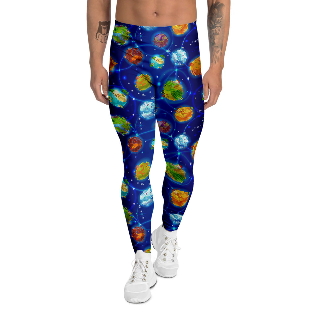 Cute Cartoon Planets Print Pattern Men's Leggings-grizzshop