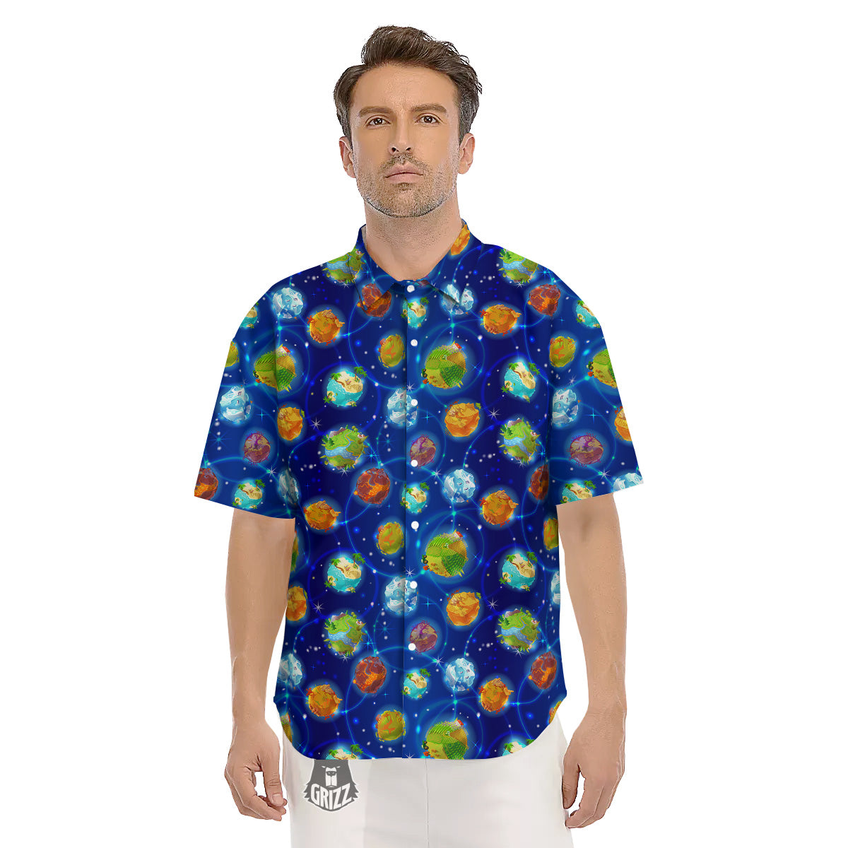 Cute Cartoon Planets Print Pattern Men's Short Sleeve Shirts-grizzshop