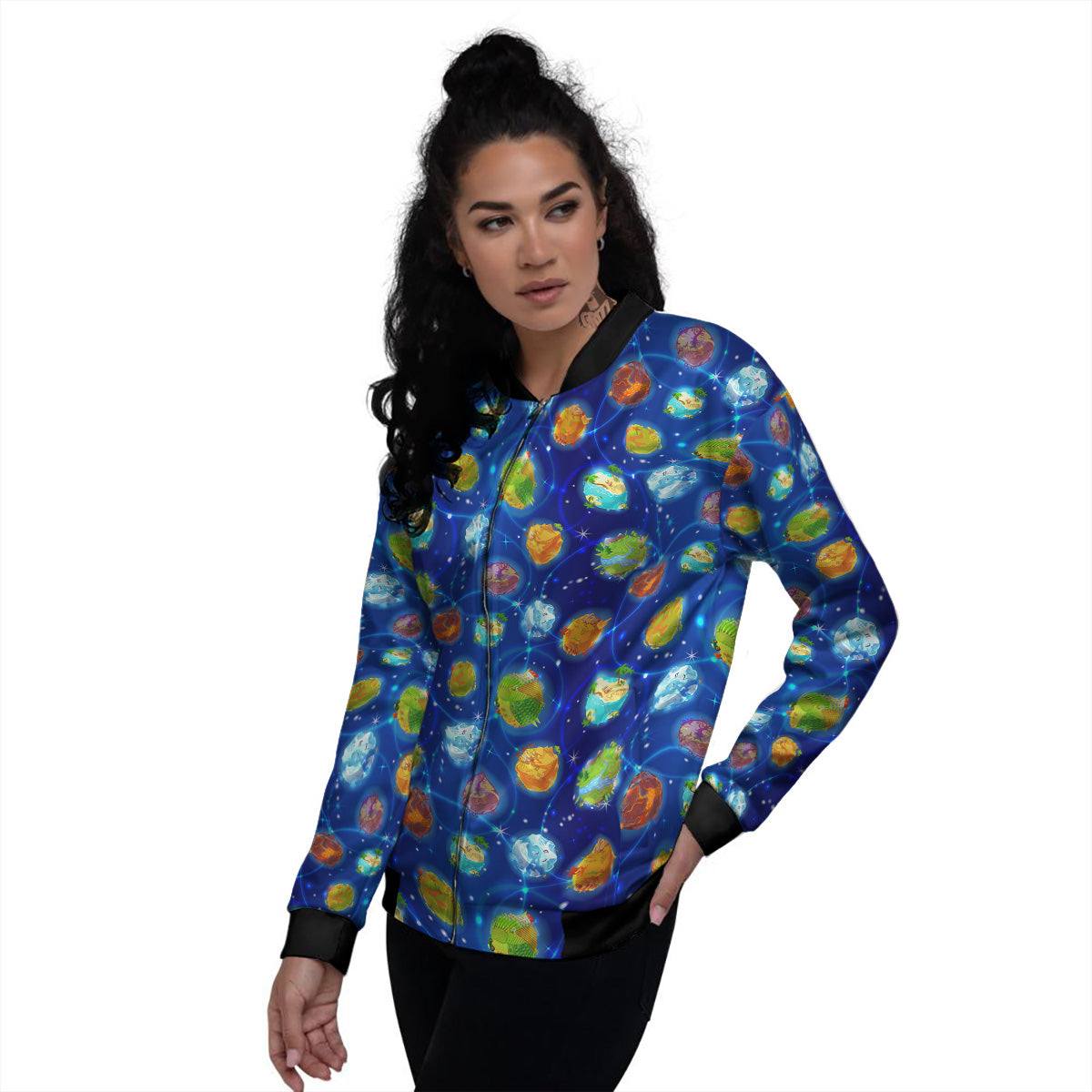 Cute Cartoon Planets Print Pattern Women's Bomber Jacket-grizzshop