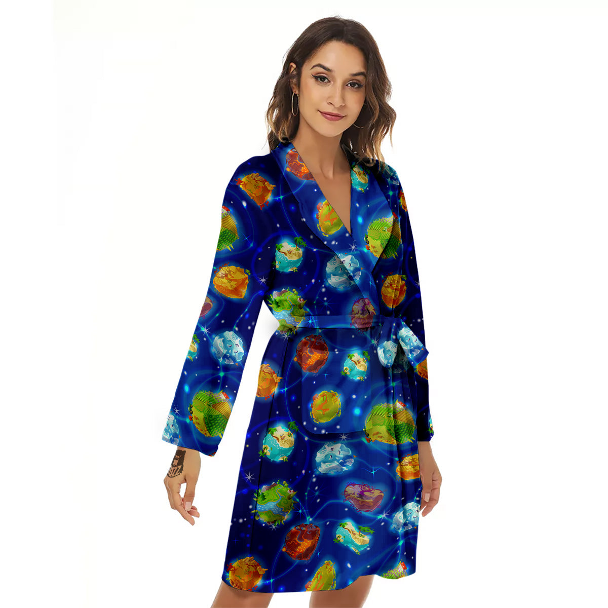 Cute Cartoon Planets Print Pattern Women's Robe-grizzshop