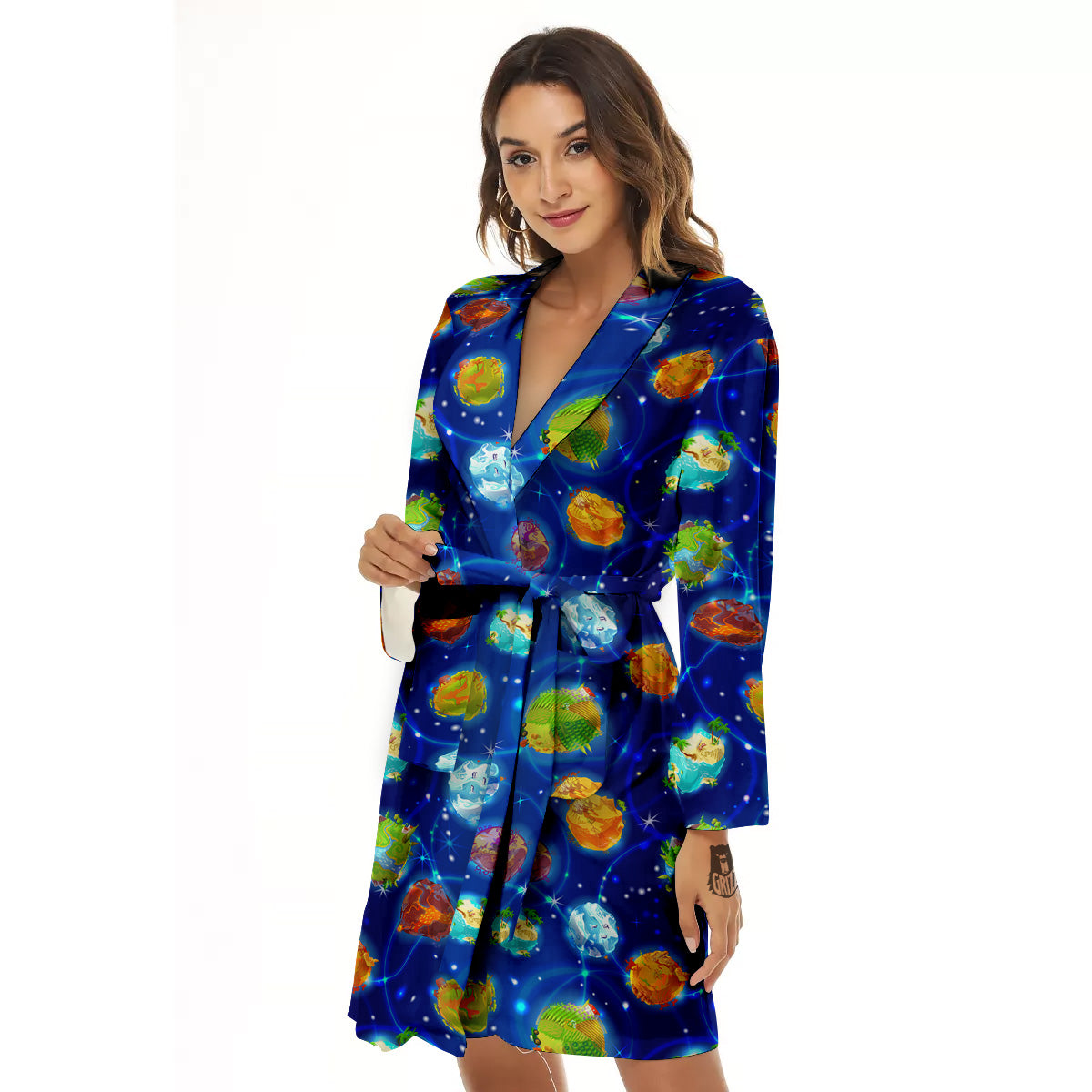 Cute Cartoon Planets Print Pattern Women's Robe-grizzshop