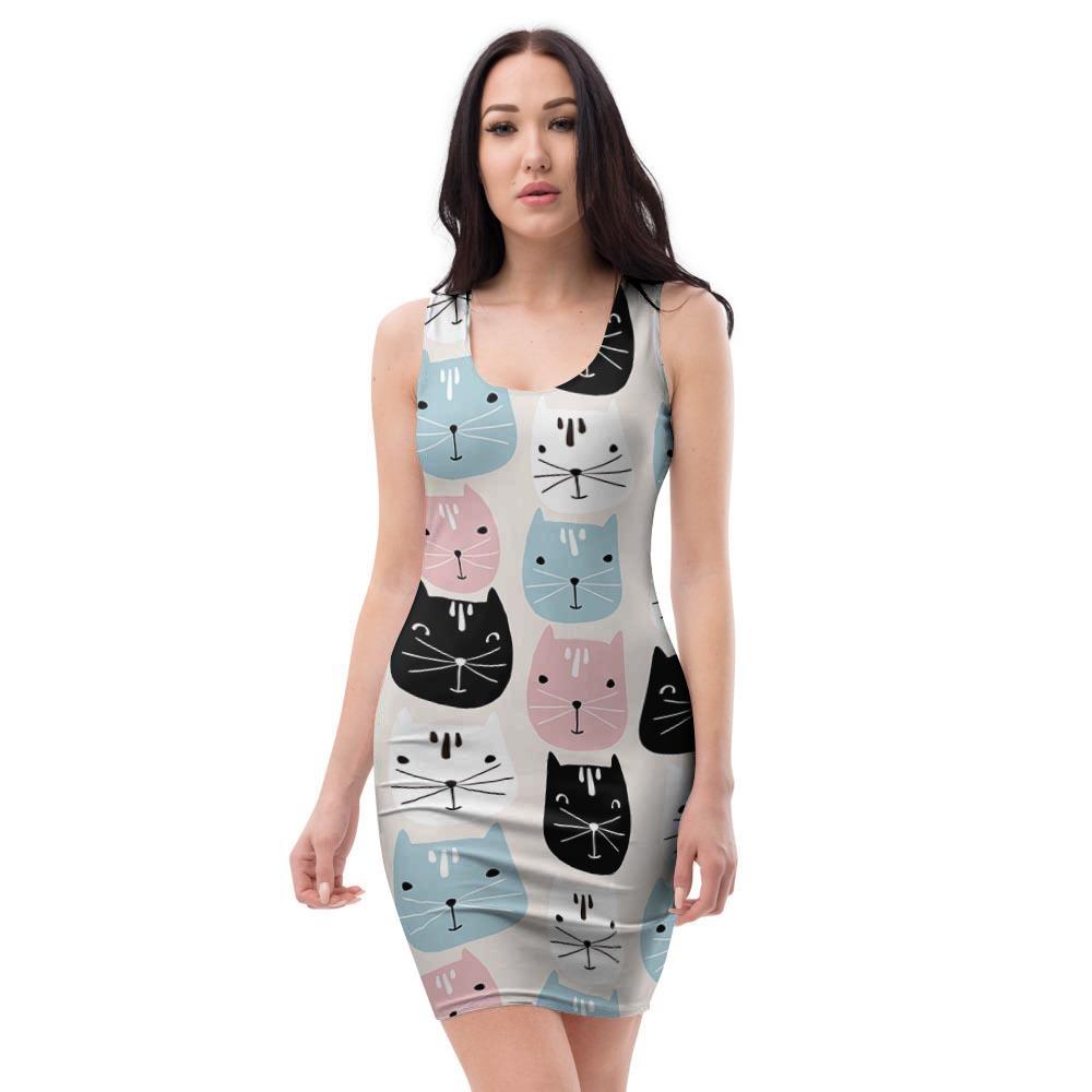 Cute Cat Face Print Bodycon Dress-grizzshop