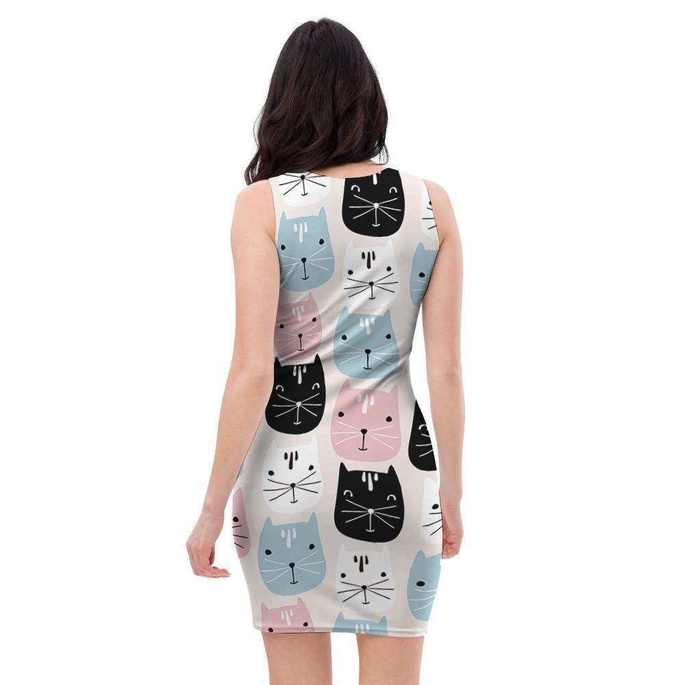 Cute Cat Face Print Bodycon Dress-grizzshop