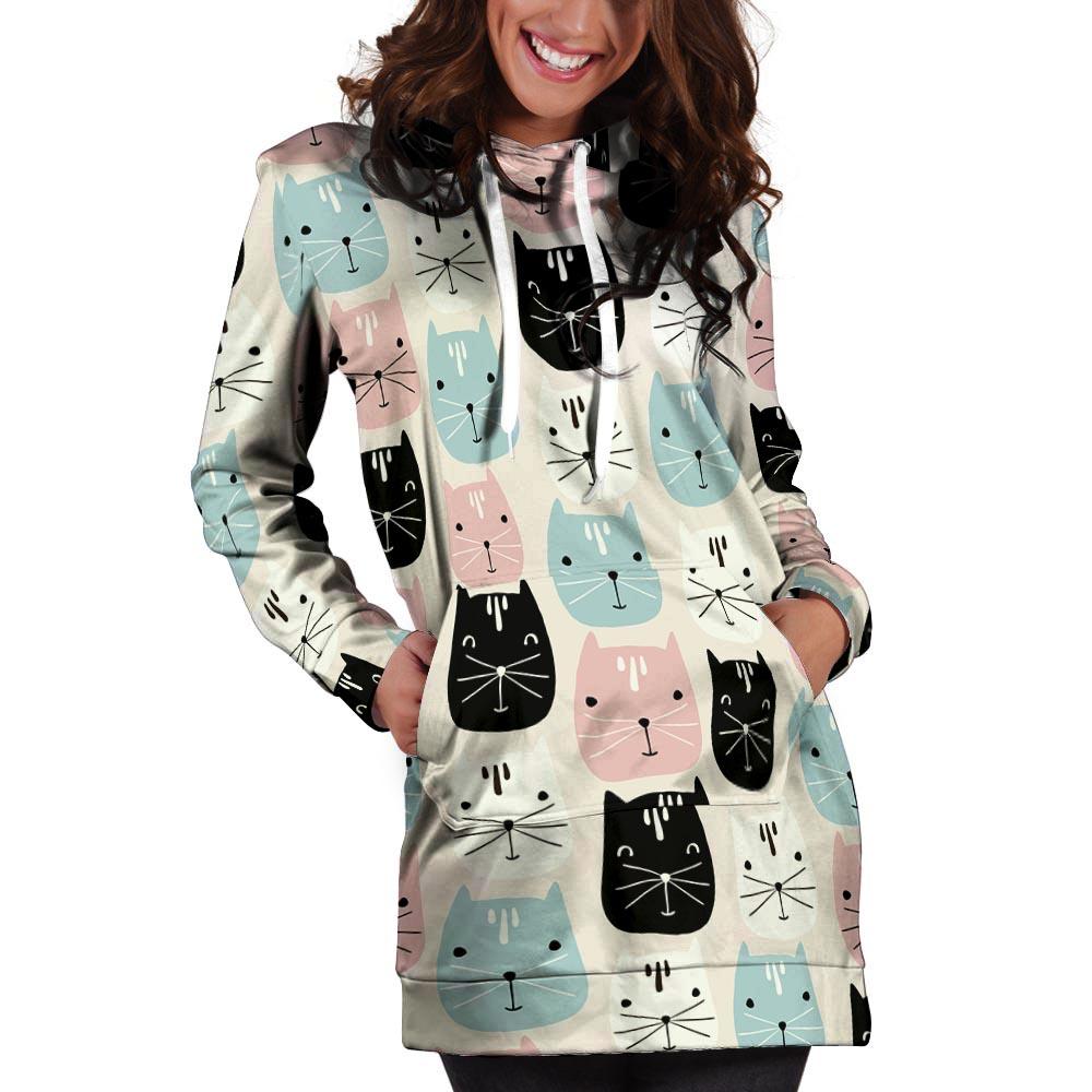 Cute Cat Face Print Hoodie Dress-grizzshop