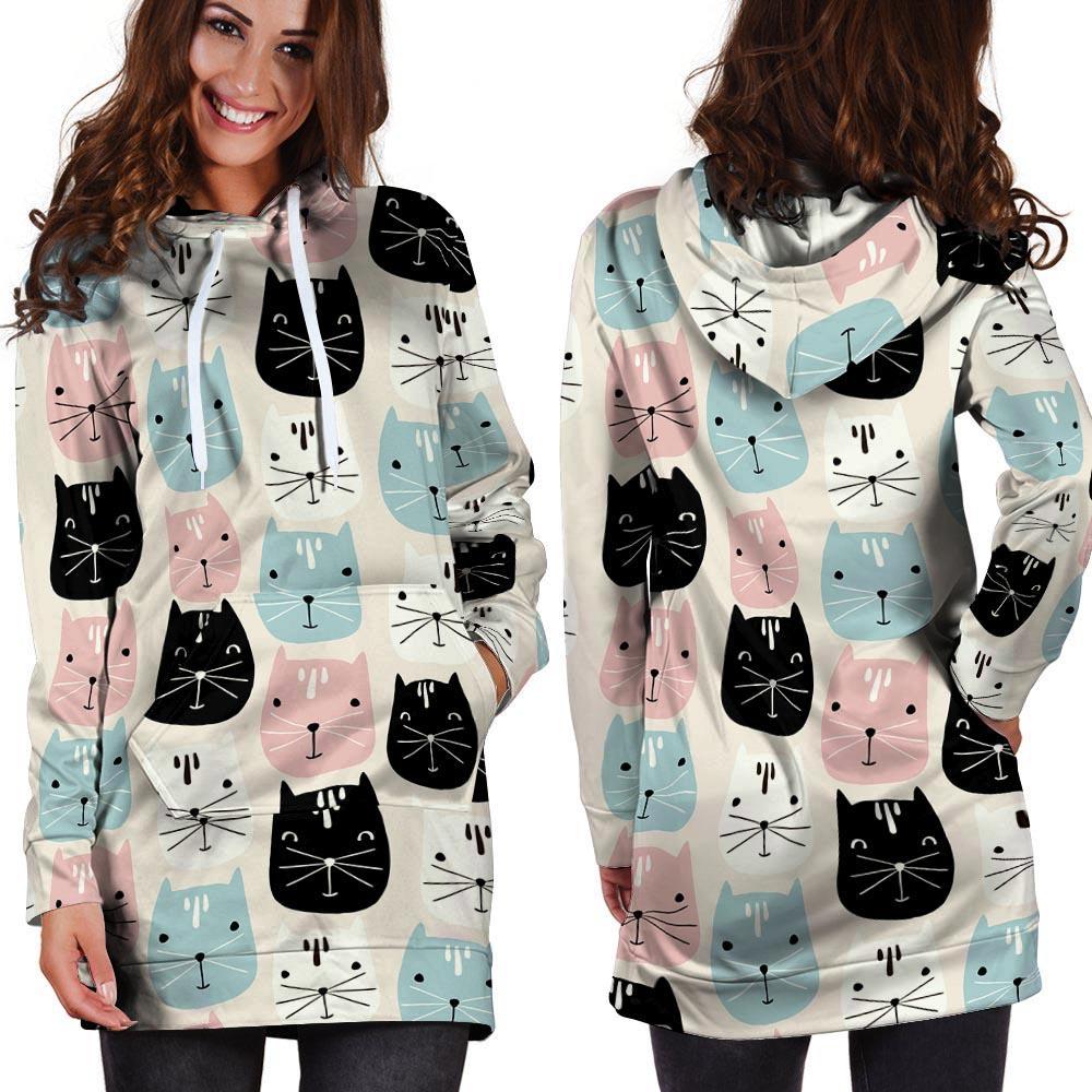 Cute Cat Face Print Hoodie Dress-grizzshop