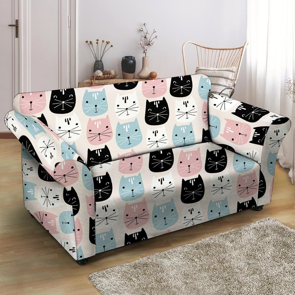 Cute Cat Face Print Loveseat Cover-grizzshop