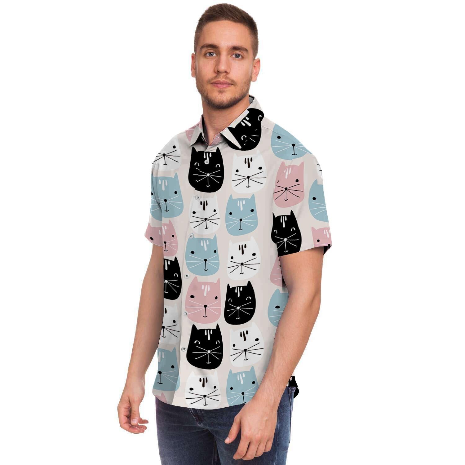 Cute Cat Face Print Men's Short Sleeve Shirt-grizzshop