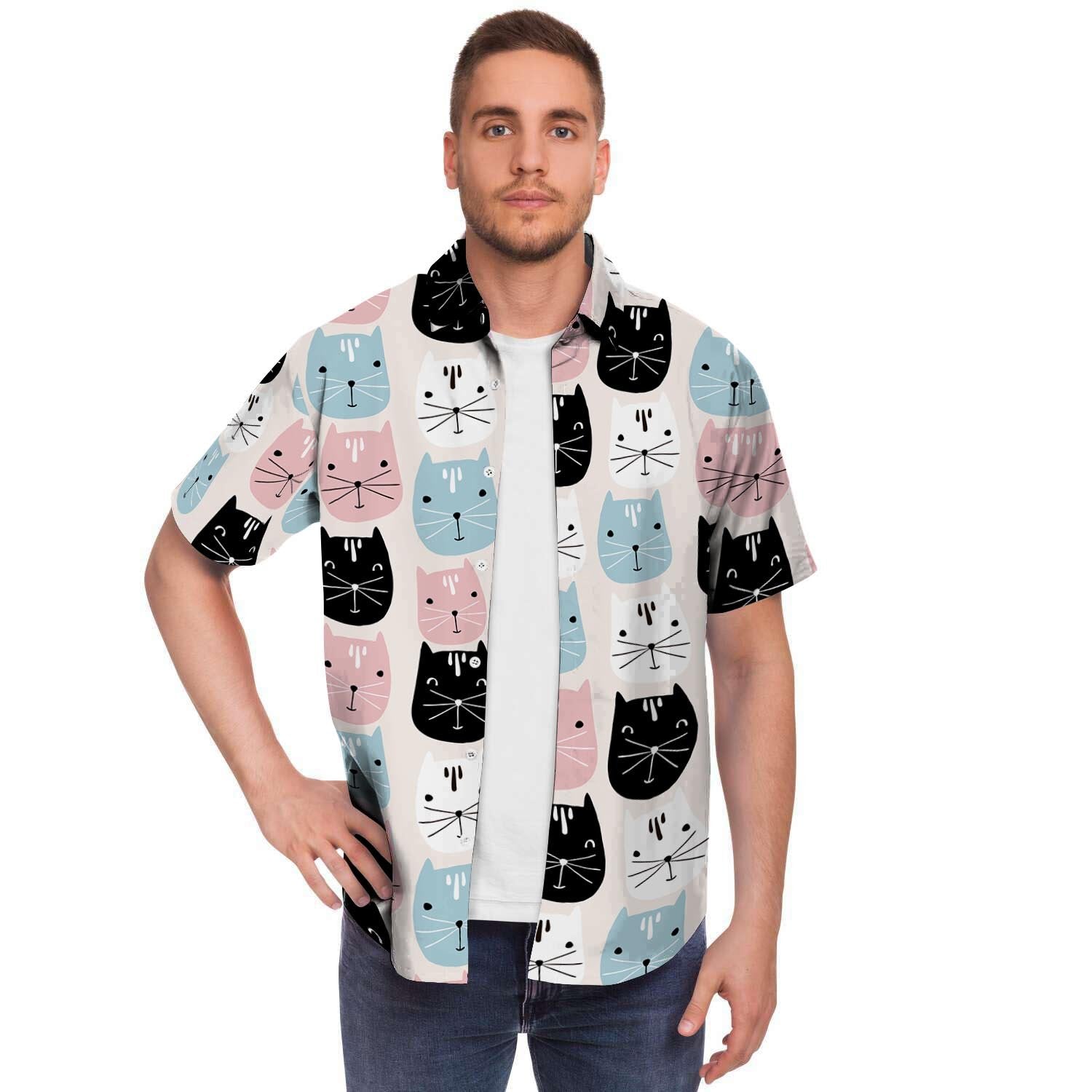 Cute Cat Face Print Men's Short Sleeve Shirt-grizzshop