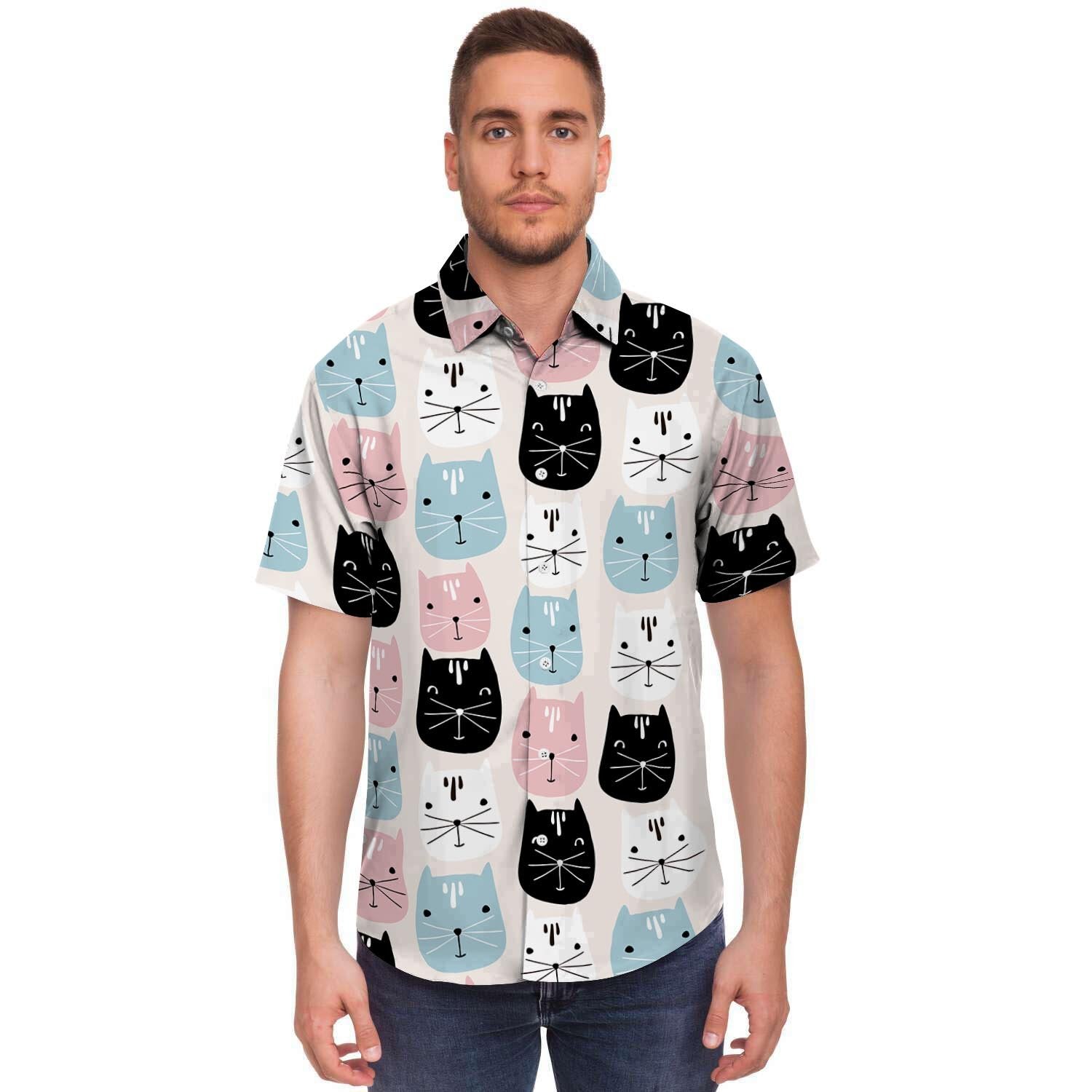 Cute Cat Face Print Men's Short Sleeve Shirt-grizzshop