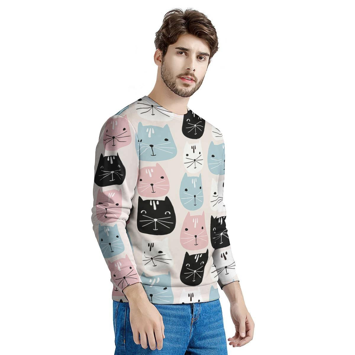 Cute Cat Face Print Men's Sweatshirt-grizzshop