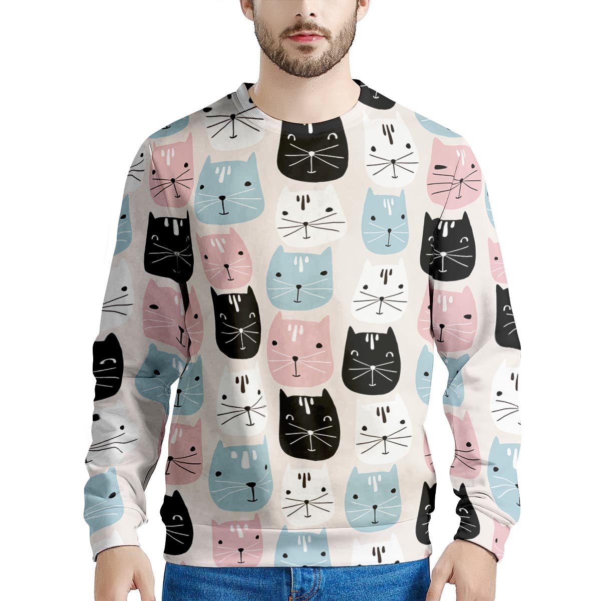 Cute Cat Face Print Men's Sweatshirt-grizzshop