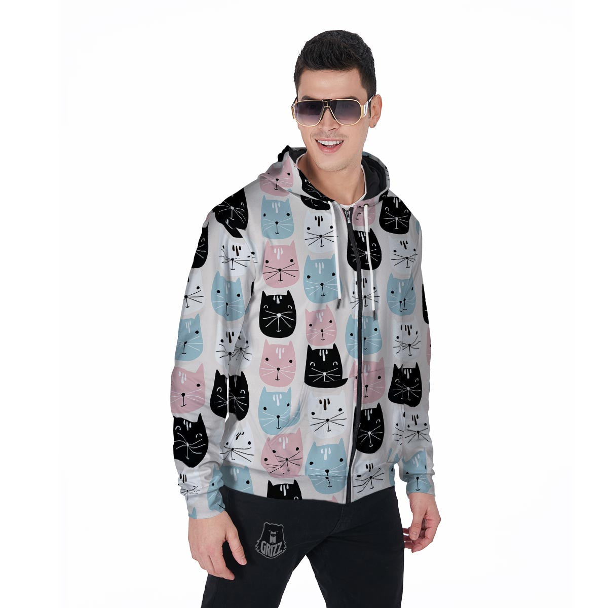Cute Cat Face Print Men's Zip Up Hoodie-grizzshop