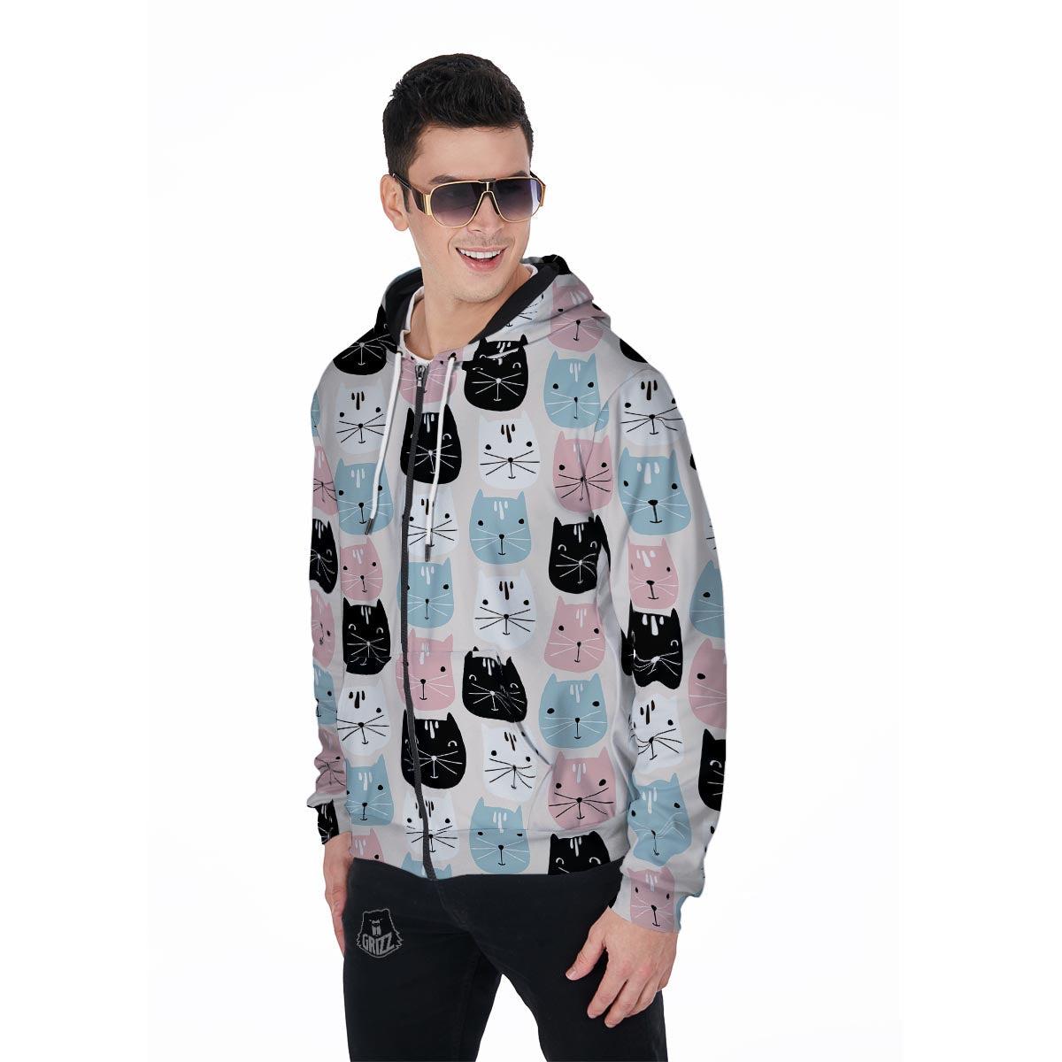 Cute Cat Face Print Men's Zip Up Hoodie-grizzshop
