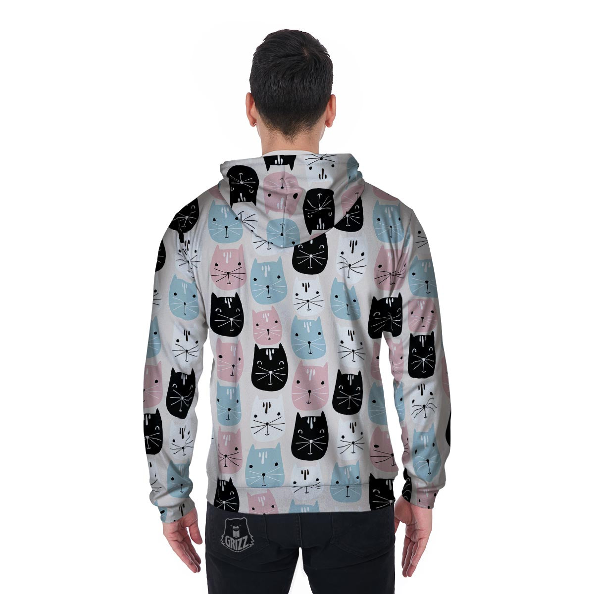 Cute Cat Face Print Men's Zip Up Hoodie-grizzshop