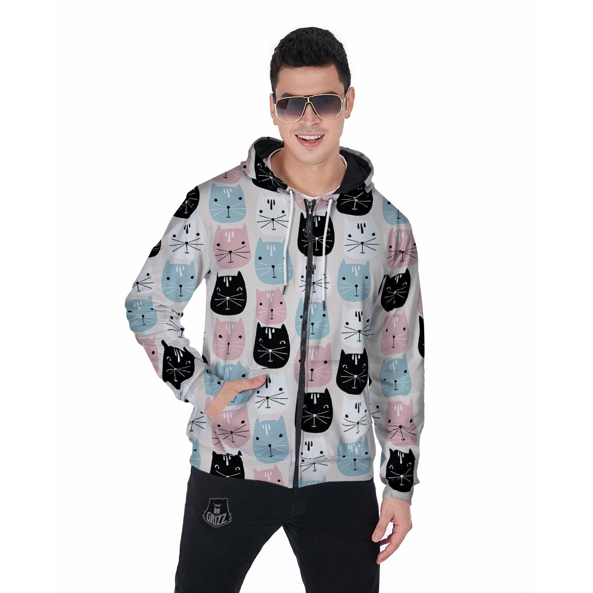 Cute Cat Face Print Men's Zip Up Hoodie-grizzshop
