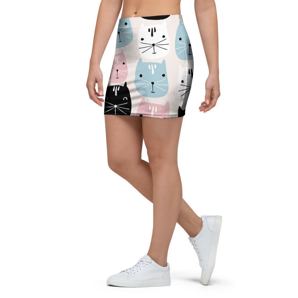 Cute Cat Face Print Mini Skirt-grizzshop