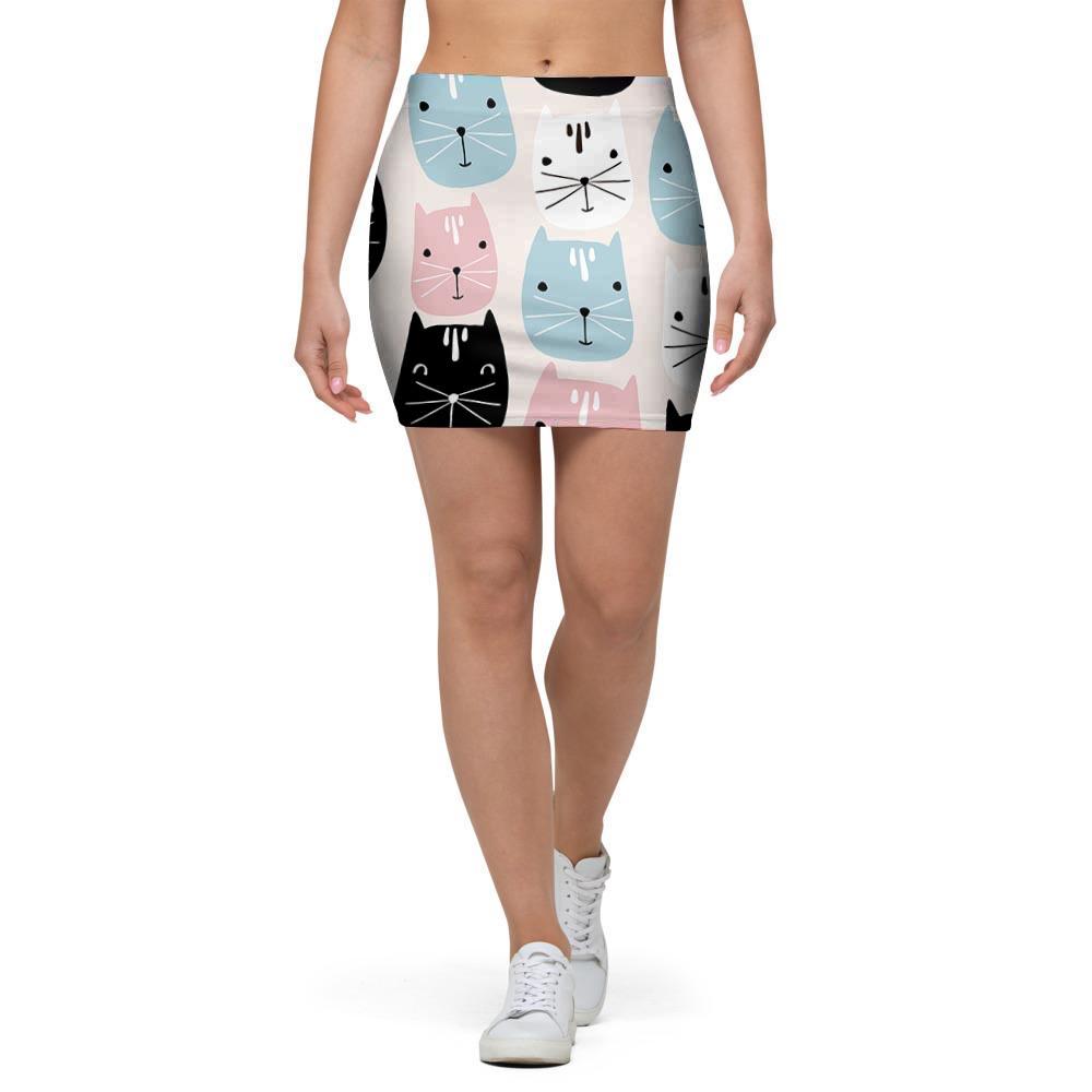 Cute Cat Face Print Mini Skirt-grizzshop