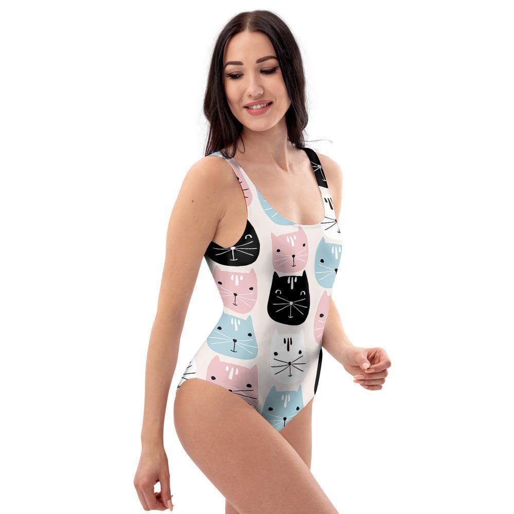 Cute Cat Face Print One Piece Swimsuite-grizzshop