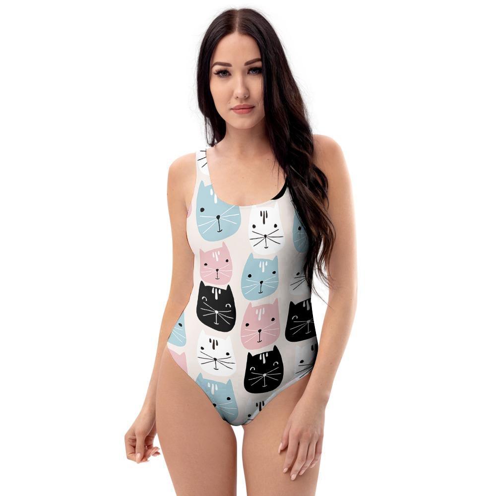 Cute Cat Face Print One Piece Swimsuite-grizzshop