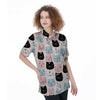 Cute Cat Face Print Women's Short Sleeve Shirts-grizzshop