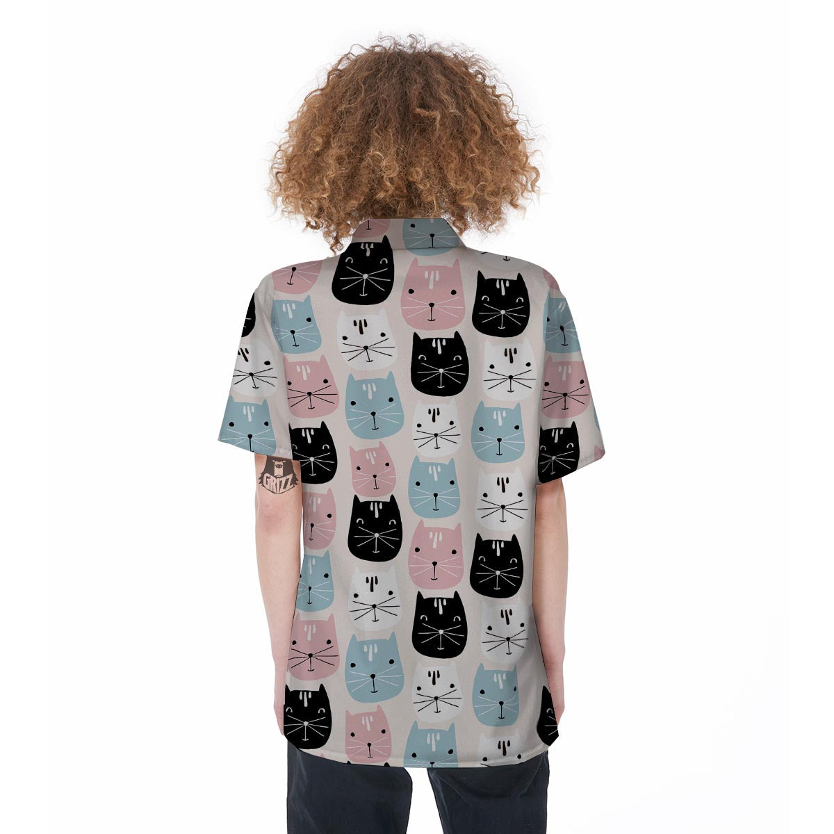 Cute Cat Face Print Women's Short Sleeve Shirts-grizzshop